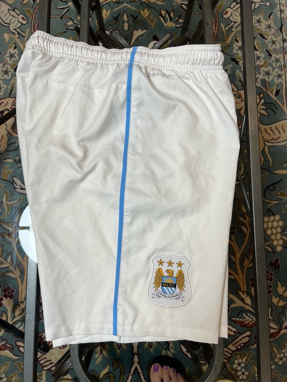 Nike Men’s White Athletic Messi Shorts with Light Blue Side Trim - Picture 3 of 9